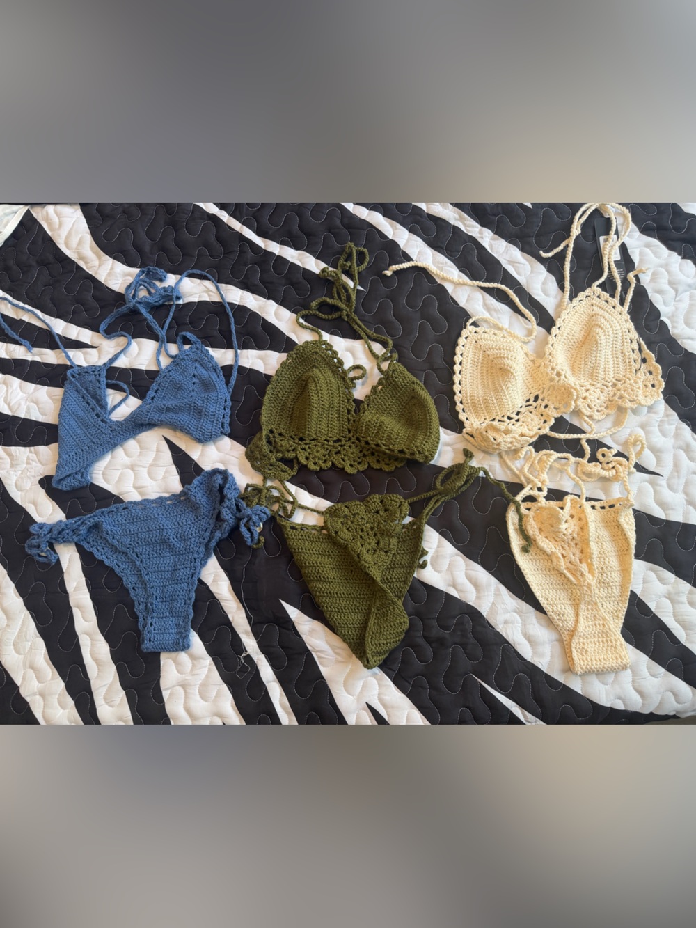 Handmade Crochet Bikini Tops - Blue, Olive, Cream